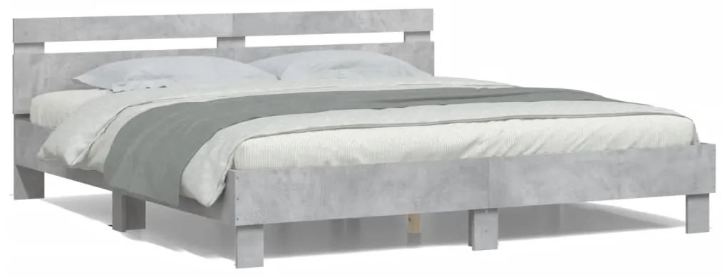 Estrutura cama cabeceira e luzes LED 200x200cm cinzento cimento