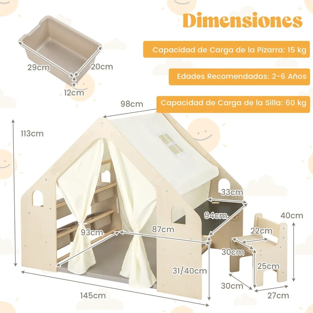 Tenda de brincar para crianças 6 em 1 145 x 98 x 113 cm dos 2 aos 6 anos com quadro de madeira cortinas secretária mesa cadeira estante bege