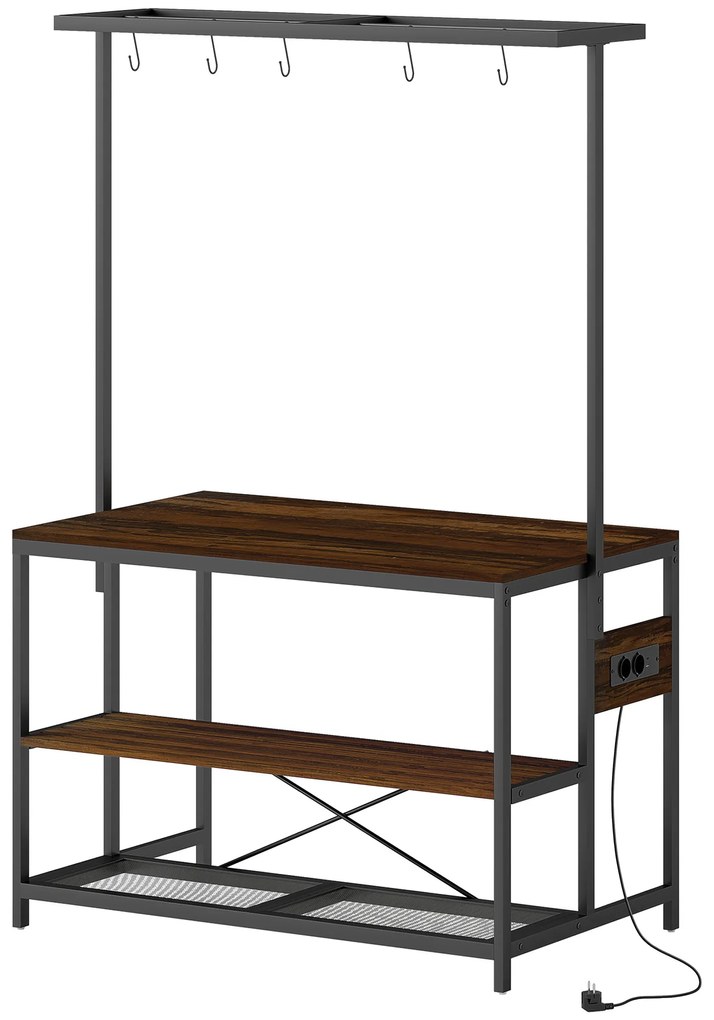 HOMCOM Estante de Cozinha com Tomada de Corrente Estilo Industrial com Prateleiras Ganchos Móvel Auxiliar 116x70x182 cm Marrom Rústico | Aosom Portugal