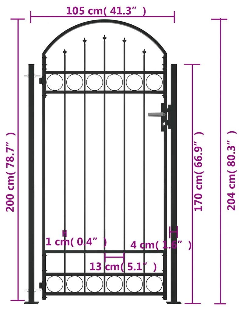 Portão de cerca com topo arqueado e 2 postes 105x204 cm preto