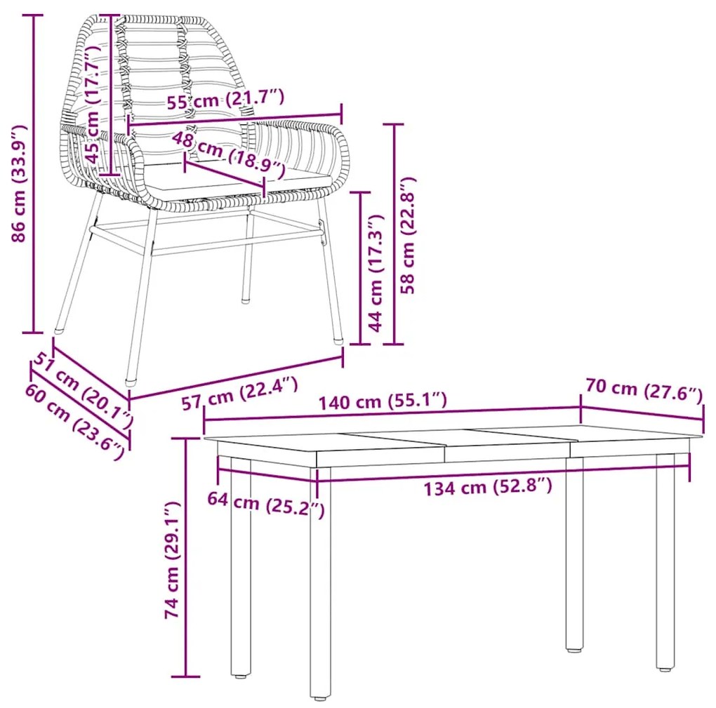 Conjunto jantar jardim 5 peças almofadas vidro vime PE castanho