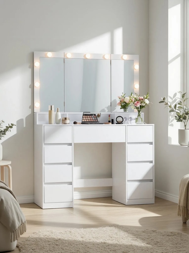 Toucador com iluminação LED 40 x 107 x 144 cm com espelho rebatível e gavetas branco