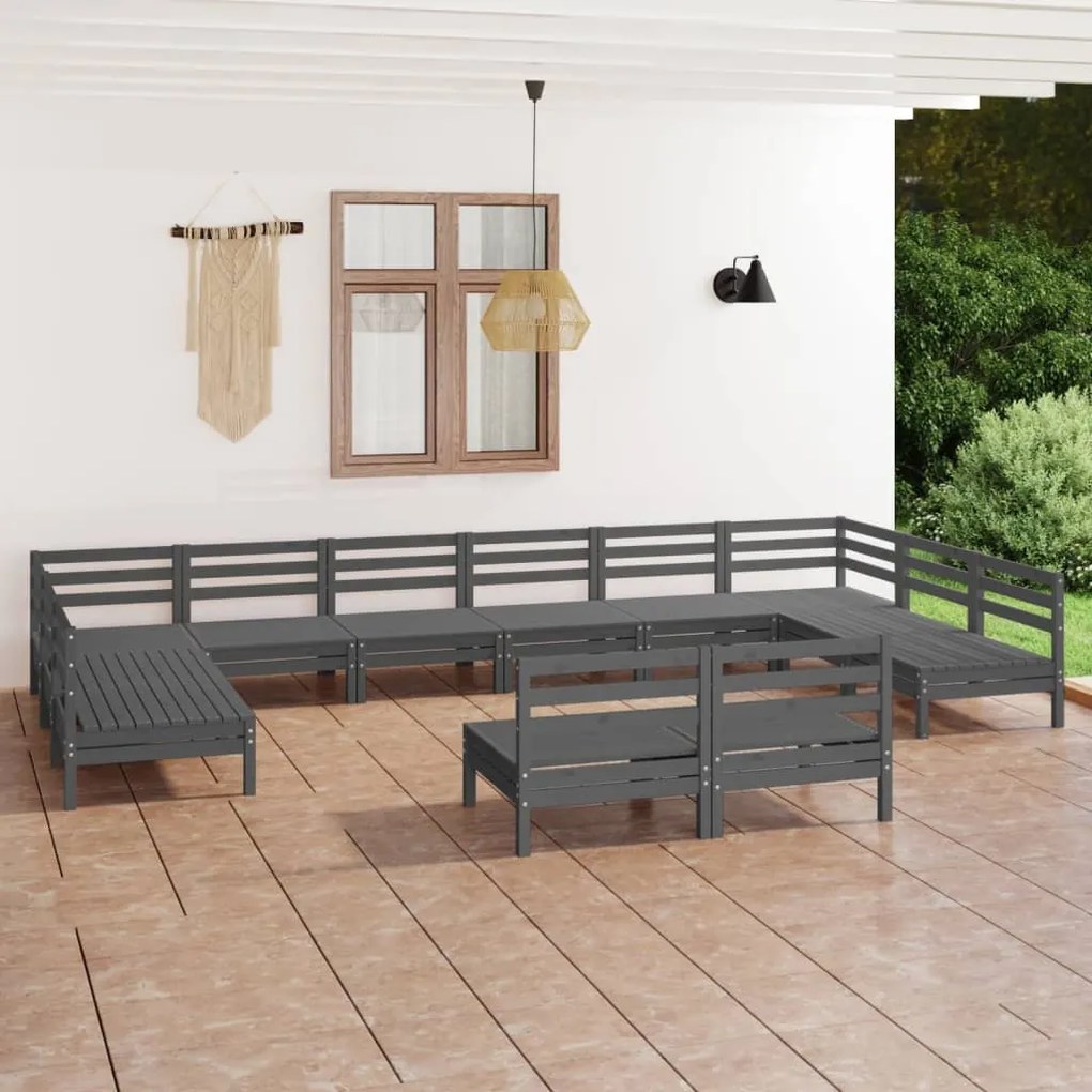 12 pcs conjunto lounge de jardim pinho maciço cinza