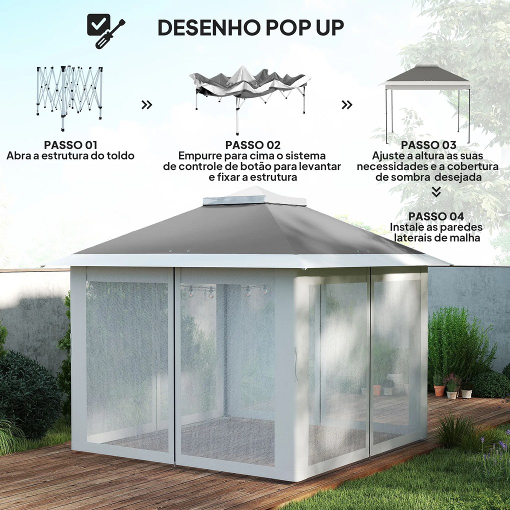 Tenda Dobrável 3,3x3,3 m Pop-up Altura Ajustável Teto Duplo Mosquiteiras Removíveis e Bolsa de Transporte Anti-UV Cinzento