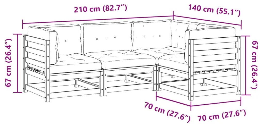 4 pcs conjunto sofás p/ jardim com almofadões pinho impregnado