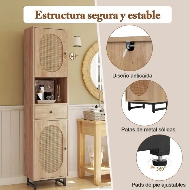 Armário estreito 170 cm de altura de rattan com portas, estantes e gavetas para sala de estar e jantar Natural