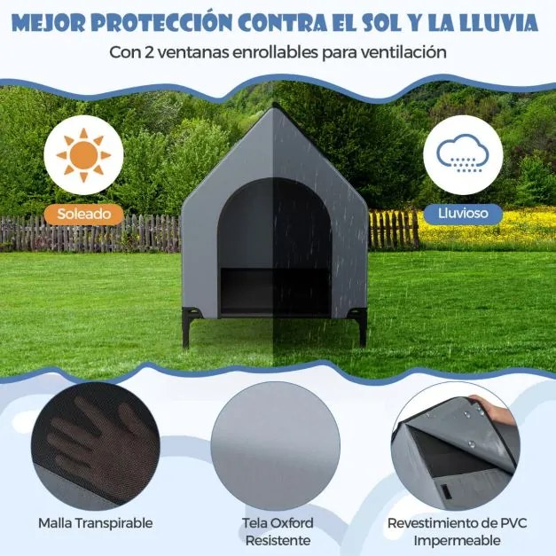 Casota de cães elevada de 91 cm para cães de raça pequena com janelas ventiladas Cobertura interior/exterior amovível Cinzento e Preto