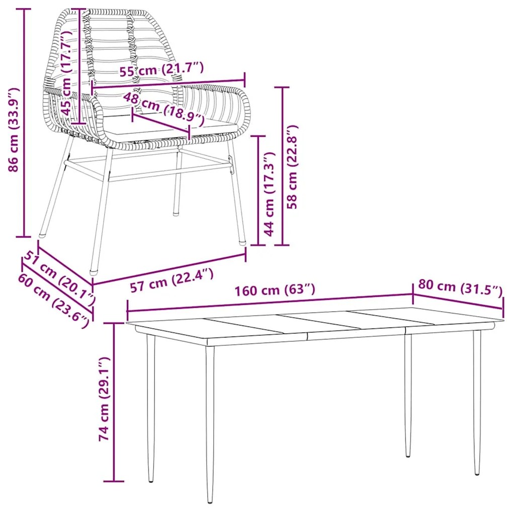 Conjunto de jantar jardim 5 peças almofadas vidro vime PE preto