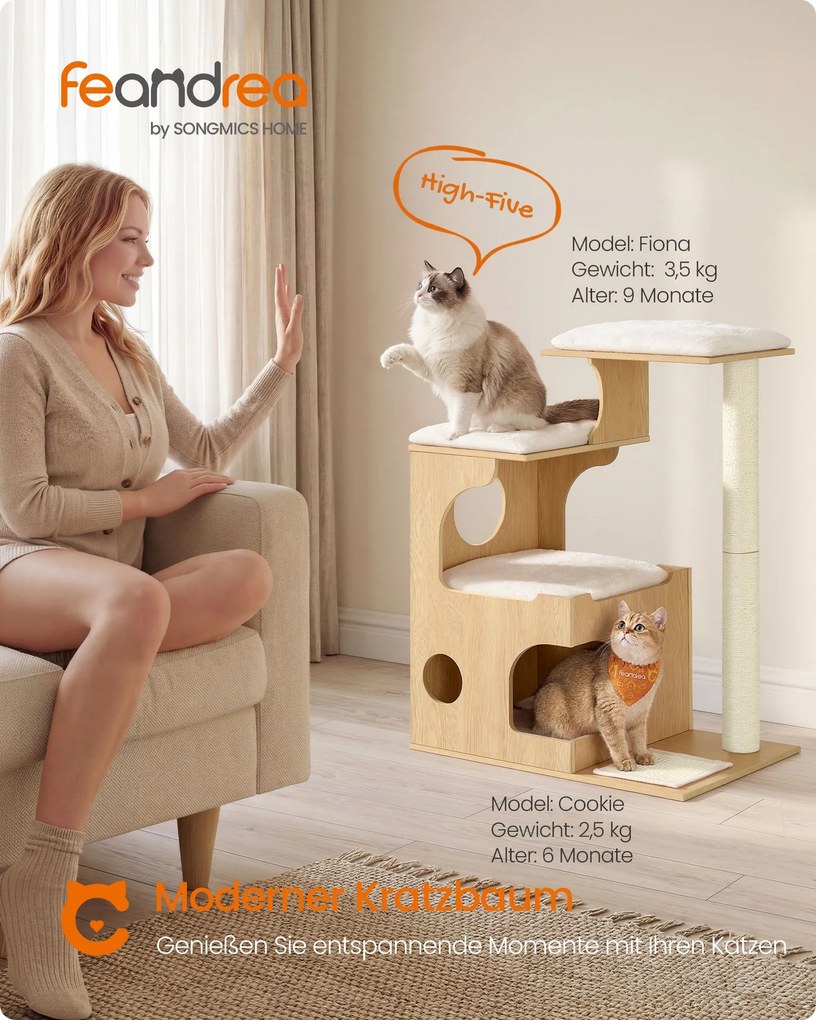 Arranhador Gatos de 88 cm, amarelo amêndoa, com caverna e tapete de sisal amarelo amêndoa