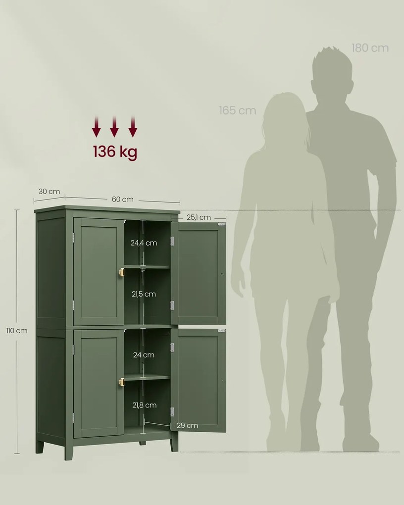 Armário de casa de banho com 4 portas 30 x 60 x 110 cm, branco clássico e verde floresta
