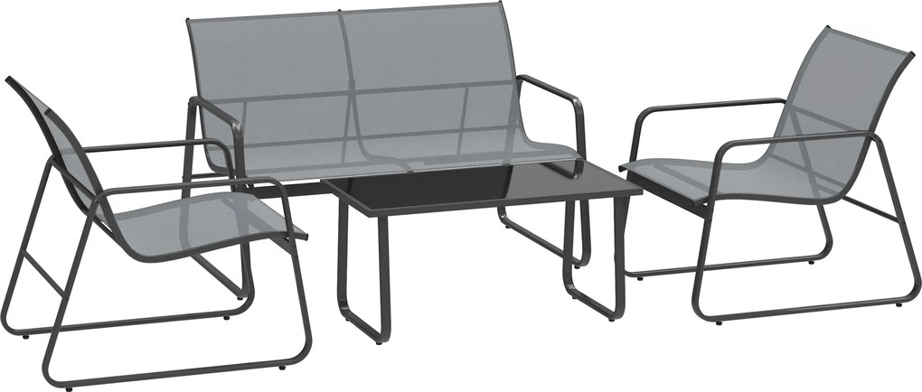 Outsunny Conjunto de Sala de Jardim de 4 Peças, com Sofá Exterior de 2 Lugares, 2 Cadeiras e Mesa de Café em Vidro Temperado, Conjunto de Móveis de Jardim em Metal e Texteline, Cinza Claro | Aosom Portugal