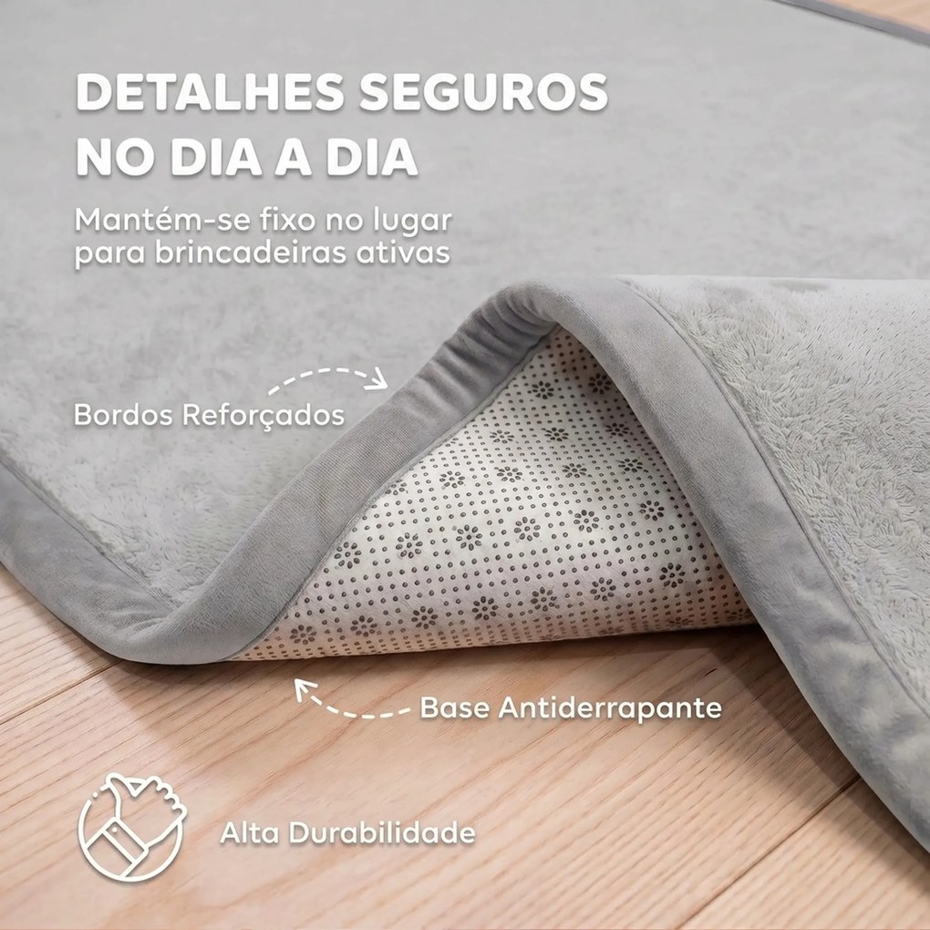 Tapete Infantil 180x150 cm Espuma 3 cm (PARQUE NÃO INCLUIDO) Franela Suave Antiderrapante Impermeável Cinza Claro