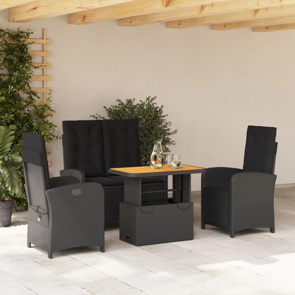 4 pcs conjunto de jardim p/ jardim c/ almofadões vime PE preto