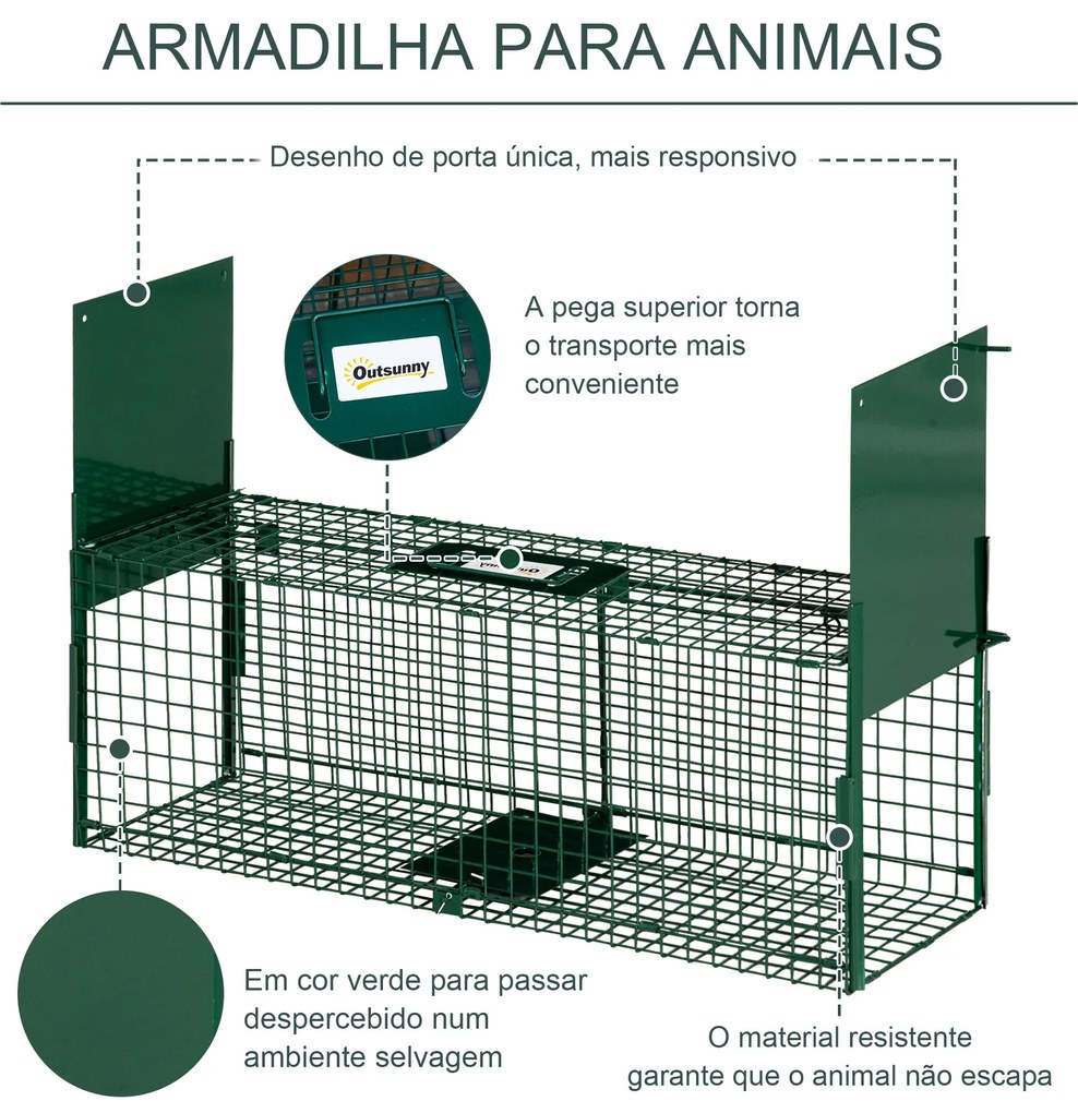 Armadilha para Animais Vivos com Porta Gaiola de Captura com Alça de Transporte para Coelhos 80x25x30cm Verde Escuro