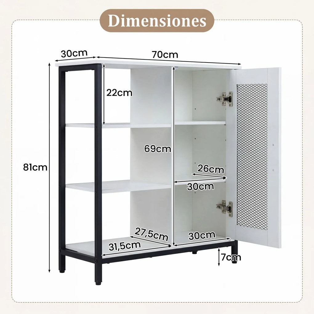 Aparador de Cozinha com Porta de Rede, 70 x 30 x 81 cm, Prateleiras Ajustáveis, Branco
