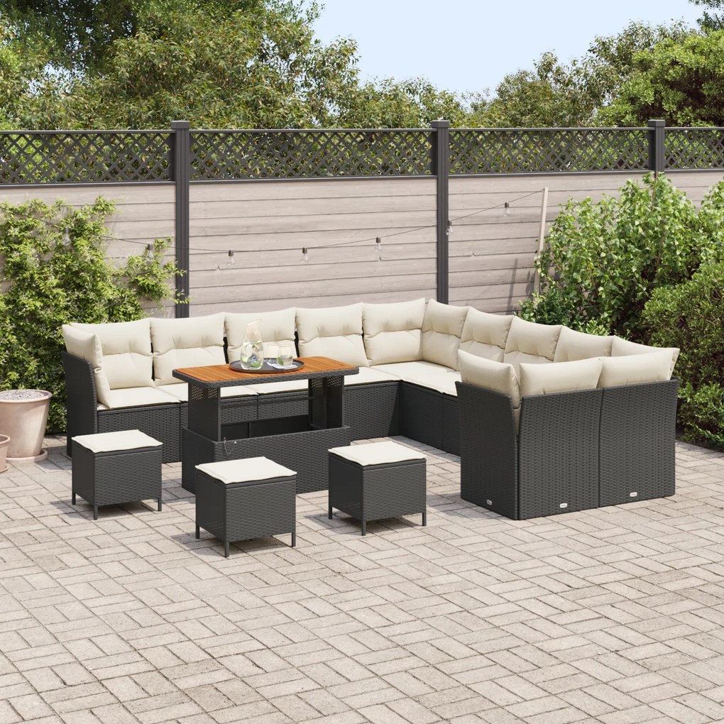 Conjunto de Sofá de Jardim vidaXL com 14 Peças e Almofadas Preto Ratta