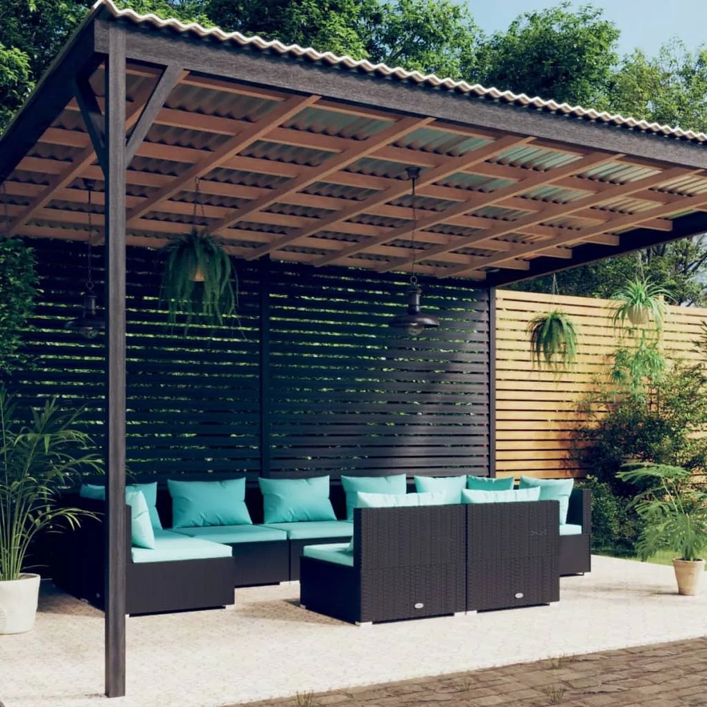 vidaXL 9 pcs conjunto lounge de jardim c/ almofadões vime PE preto