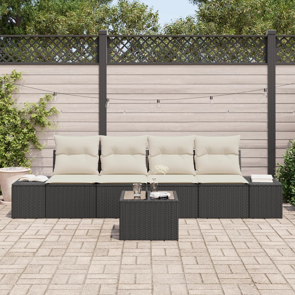 Conjunto de Sofá de Jardim de 5 Peças com Almofadas em Rattan Poliprop