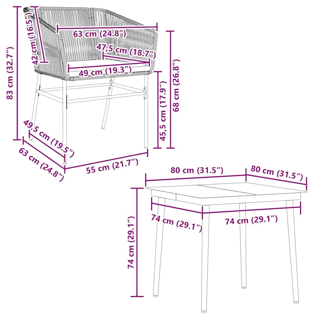 Conjunto jantar jardim 5 peças almofadas vidro vime cinzento PE
