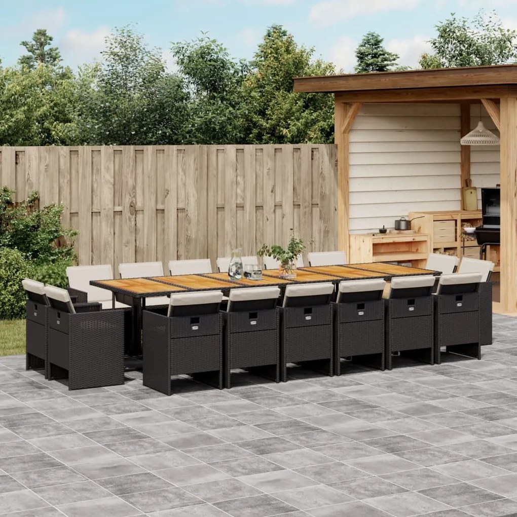 vidaXL 17 pcs conjunto de jantar p/ jardim c/ almofadões vime PE preto
