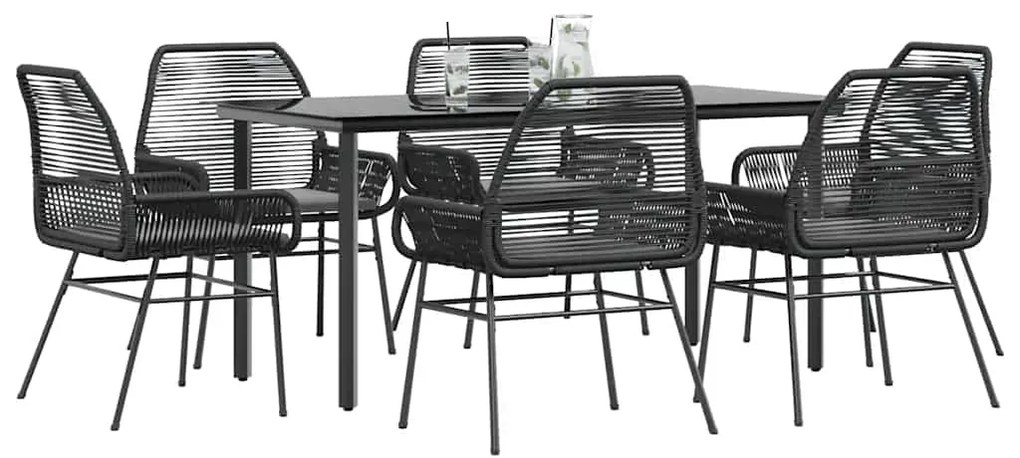 vidaXL Conjunto de jantar jardim 7 peças almofadas vidro vime PE preto