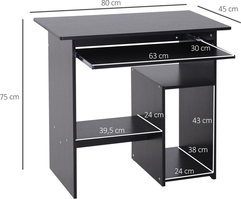 Secretária de Computador com Arrumação, 80 x 45 x 75 cm, Tabuleiro Deslizante para Teclado, Preto