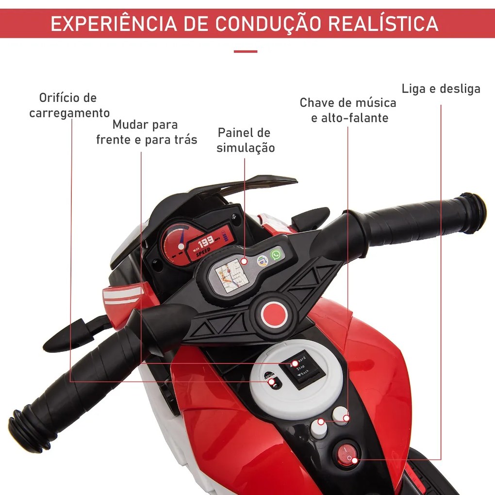 Motocicleta Elétrica Infantil com 3 Rodas Triciclo para Crianças acima de 3 anos com Bateria 6V Recarregável Funções de Música Buzina Faróis 86x42x52c