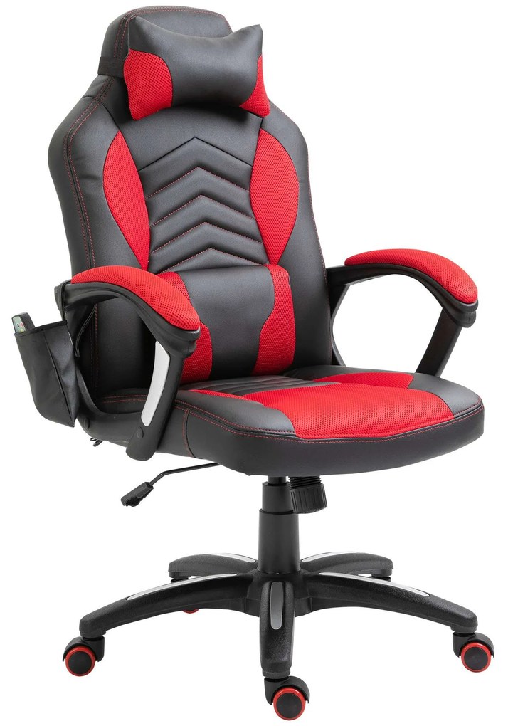 HOMCOM Cadeira de Escritório com 6 Pontos de Massagem e Aquecimento Cadeira Gaming Ergonómica 68x69x108-117 cm Preto e Vermelho