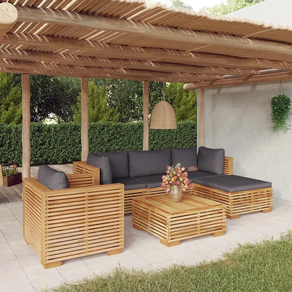vidaXL 6 pcs conjunto lounge jardim c/ almofadões madeira teca maciça