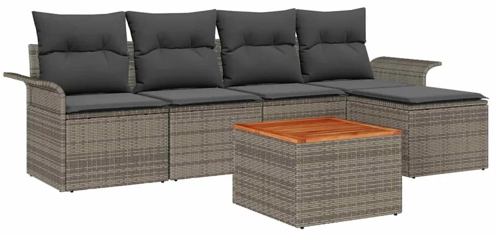 Sofá de Jardim 6 Peças com Almofadas Cinzas em Rattan Sintético e Acác