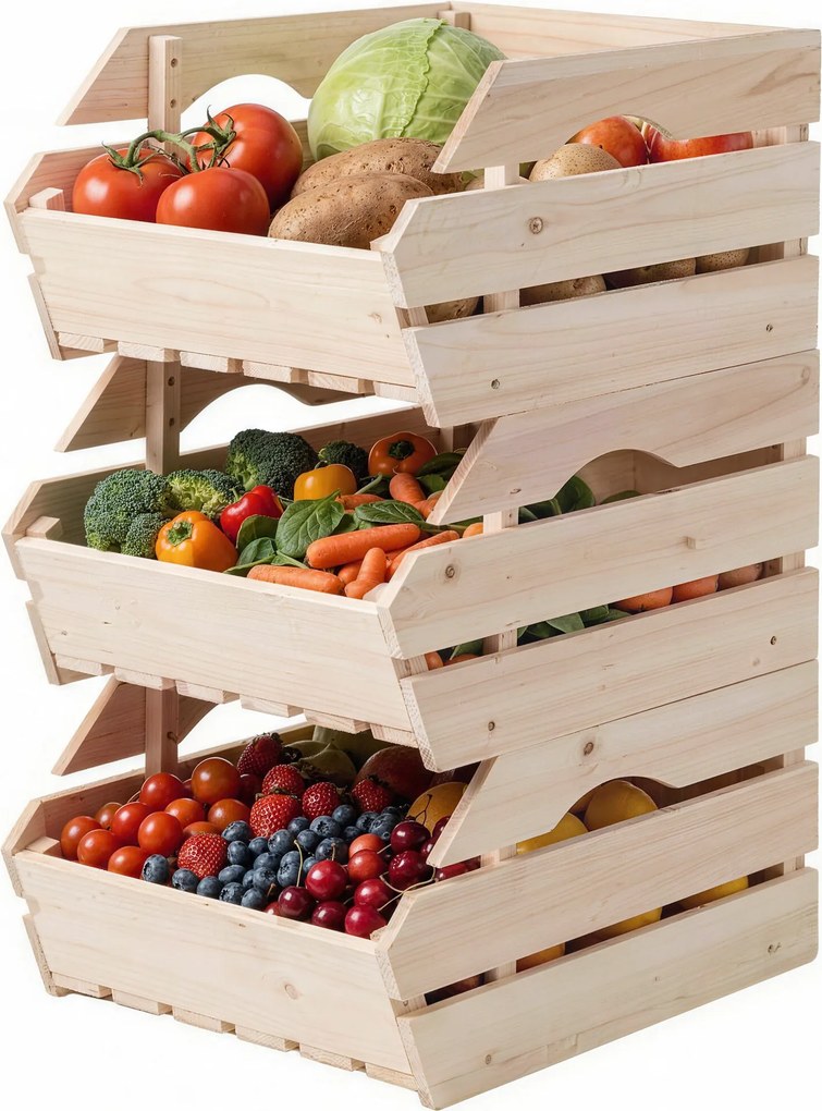 Suporte para cesto de frutas em madeira de abeto com 3 andares removíveis 27 x 37,5 x 60 cm, para frutas e legumes, natural