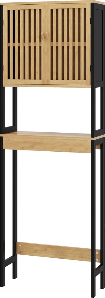 Prateleira para casa de banho 60 x 21,5 x 172 cm, móvel de casa de banho para colocar por cima da sanita, com armário de 2 portas e prateleira aberta