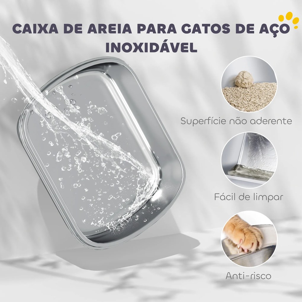 Caixa de Areia para Gatos em Aço Inoxidável XL com Tampa Abatível Laterais Altas Entrada Superior e Pá 52,4x41,3x42 cm Branco