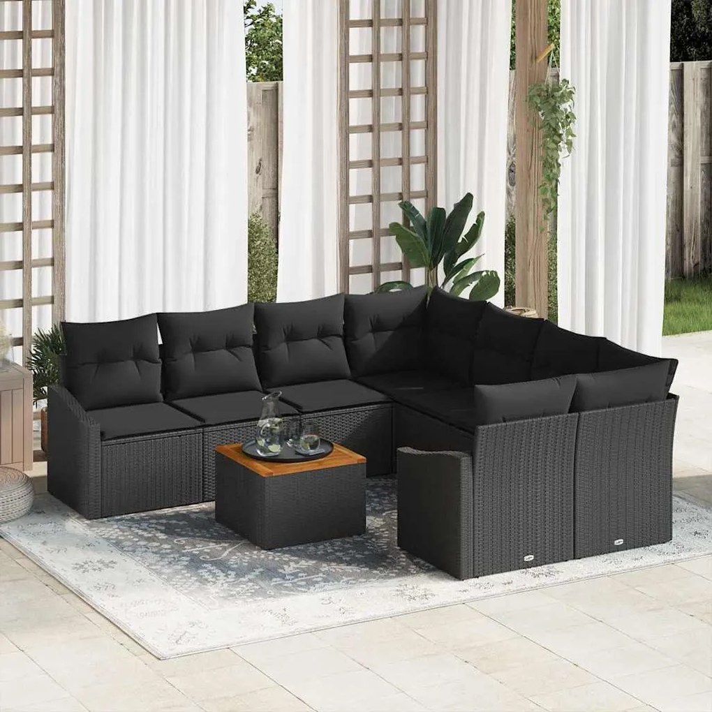 vidaXL Conjunto de Sofá de Jardim com almofada 9 pcs Preto vime PE