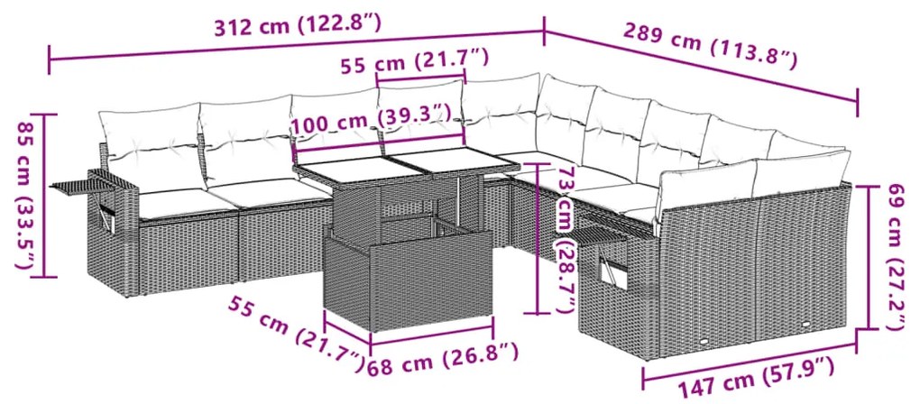 11 pcs conjunto sofás de jardim c/ almofadões vime PE bege