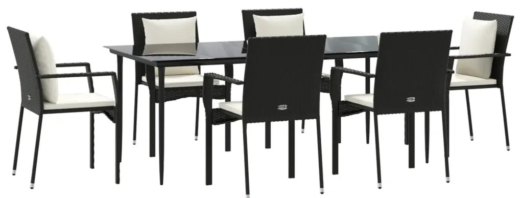 7 pcs conjunto de jantar p/ jardim c/ almofadões vime PE preto