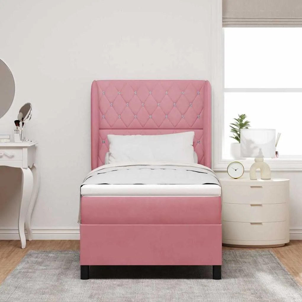 Cama com Estrado e Colchão Rosa 90 x 190 cm em Veludo