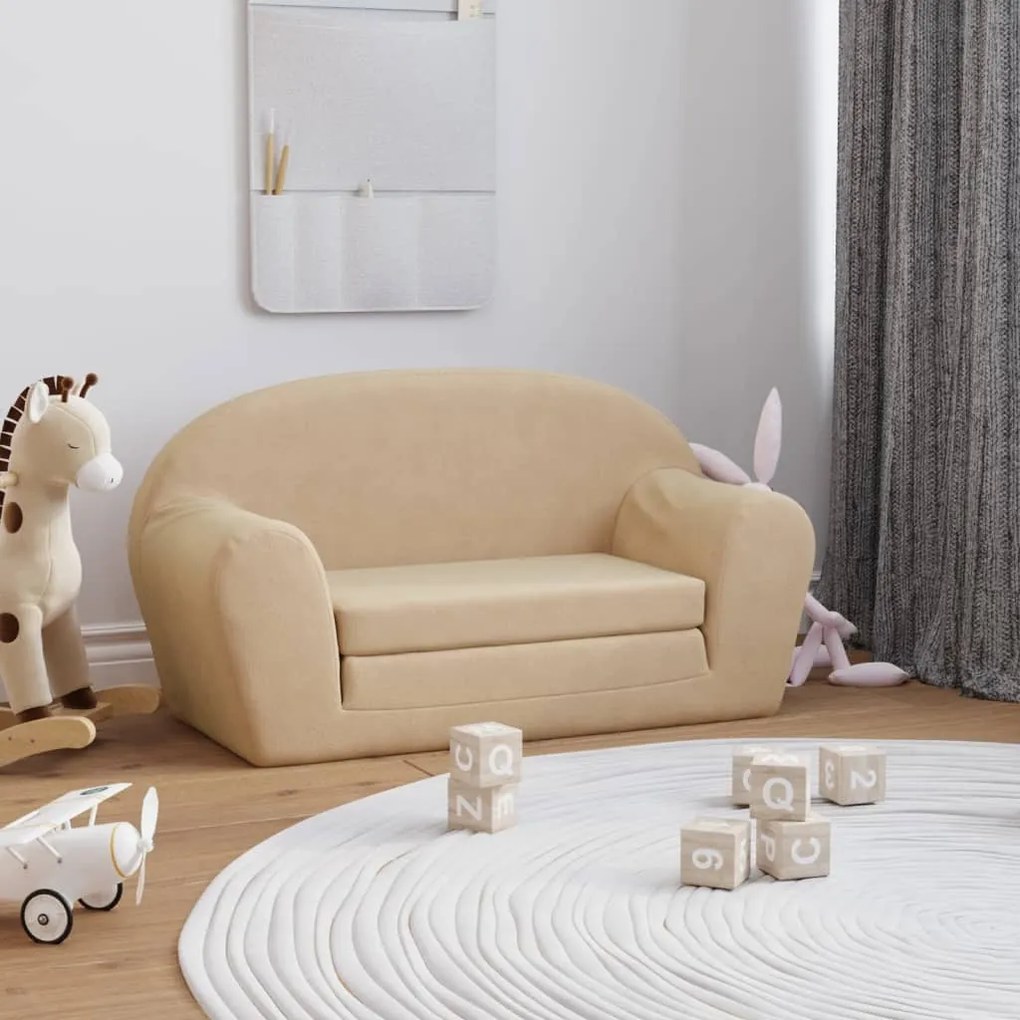 341782 vidaXL Sofá-cama infantil de 2 lugares pelúcia cor creme