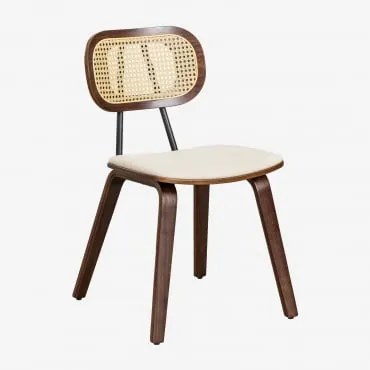 Pack De 4 Cadeiras De Jantar Em Madeira E Rattan Kaylia Madeira Escura & Chenille Branco - Sklum