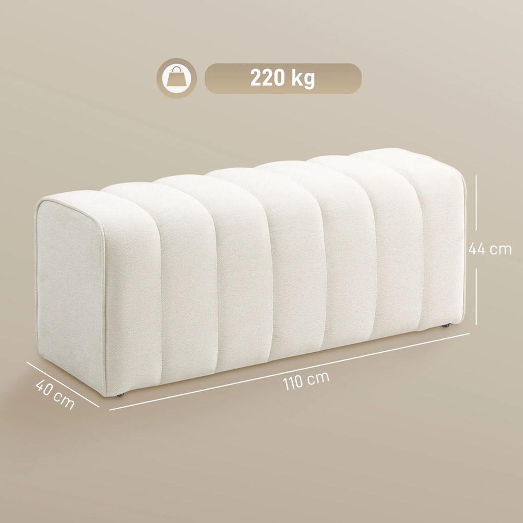 Banco de cabeceira, banco estofado, estilo moderno, otomano em tecido com aspeto de linho, 110 x 40 x 44 cm, creme