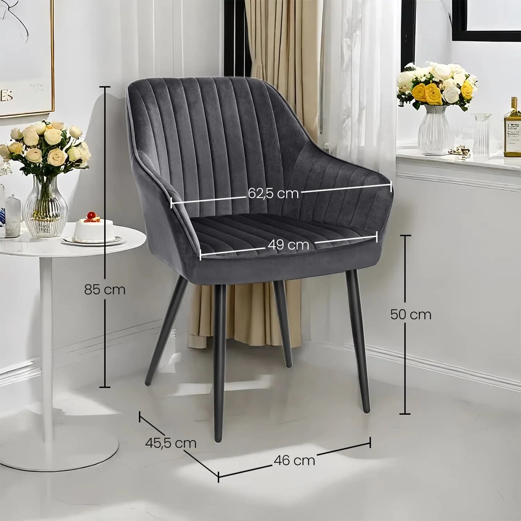 Cadeira de jantar com braços veludo máx. 110 kg  60 x 62,5 x 85 cm Preto e cinzenta
