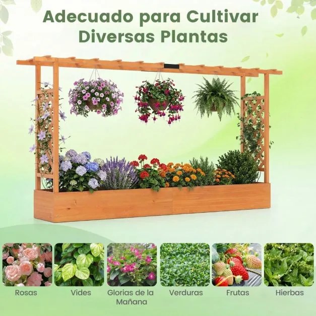 Floreira de jardim elevada em madeira com treliça 220 x 35 x 114 cm, teto suspenso, orifícios de drenagem, para plantas trepadeiras, laranja