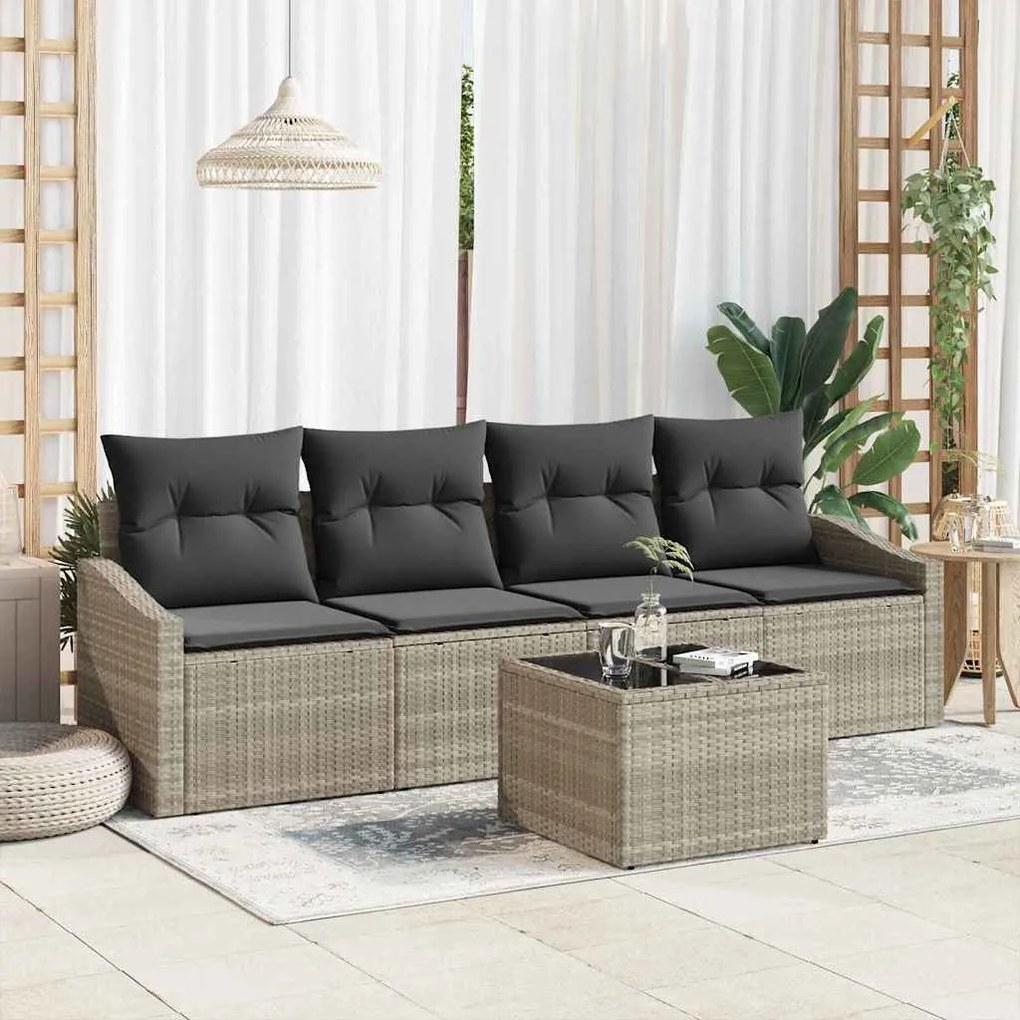 vidaXL Conjunto de Jantar pra Jardim com 5 Peças e Almofadas Cinza Claro em Rattan Sintético
