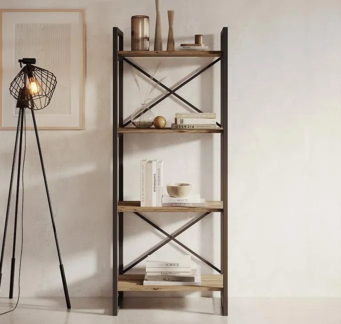 Estante Faro – 55x30x138 cm – Pinho Atlântico e Aço Preto – 4 Pratelei