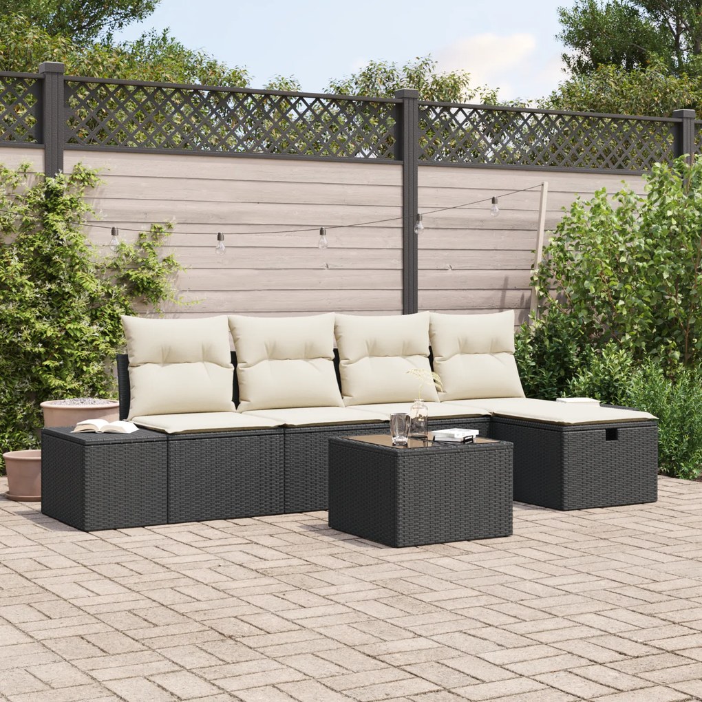 Conjunto de Sofá de Jardim de 6 Peças com Almofadas Preto Vime PE