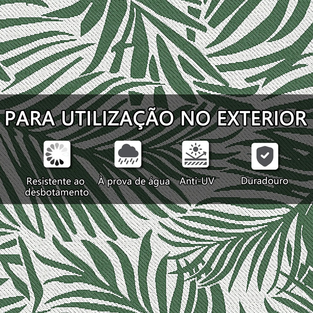 Tapete de Exterior 152x243 cm Reversível com Padrão de Folhas para Varanda Pátio Campismo Praia Verde Escuro e Branco