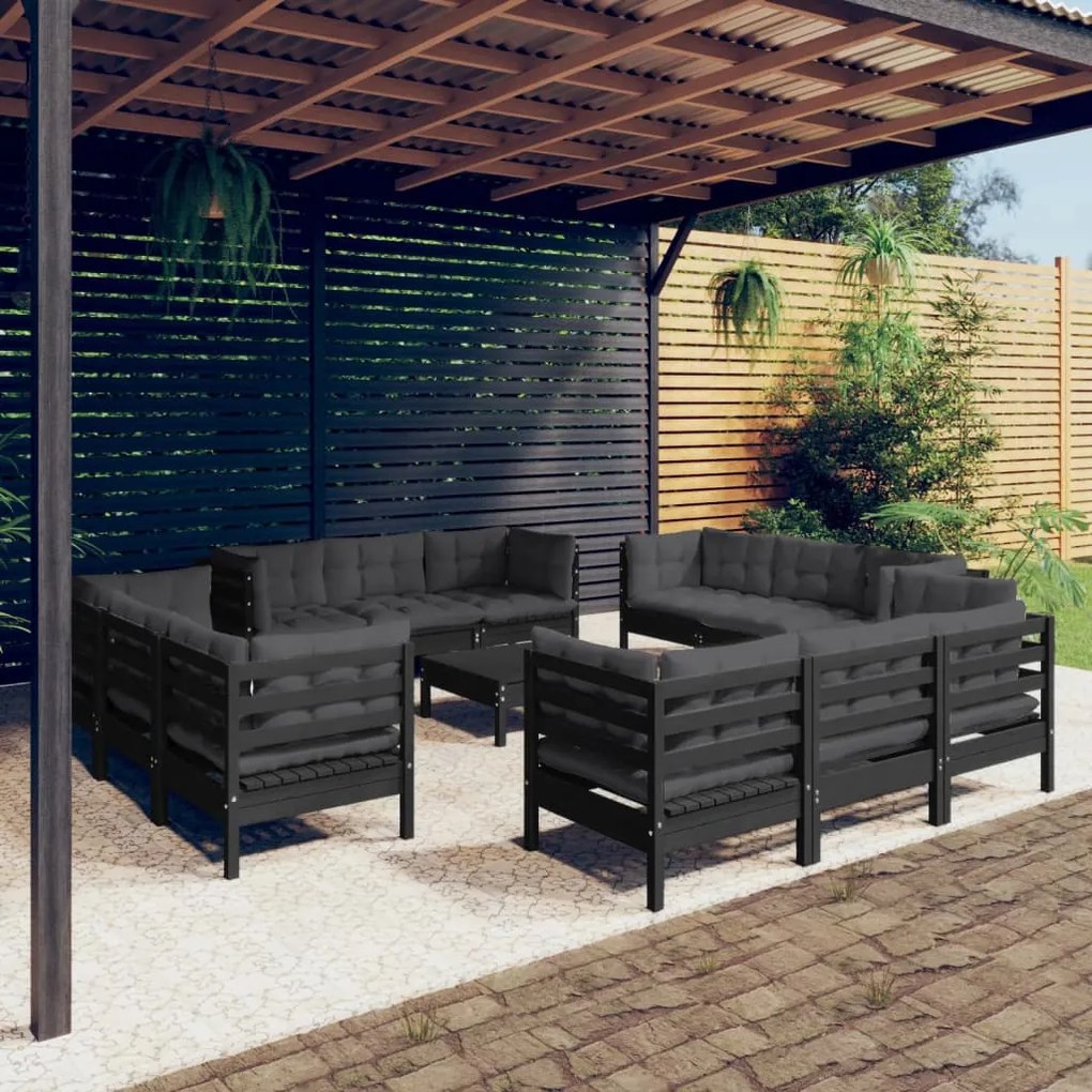 vidaXL 13 pcs conj. lounge de jardim com almofadões antracite pinho