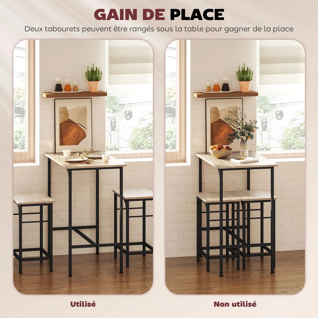 Conjunto de mesa de bar com 2 bancos, estrutura em aço para cozinha, sala de jantar e sala de estar, com efeito de madeira natural