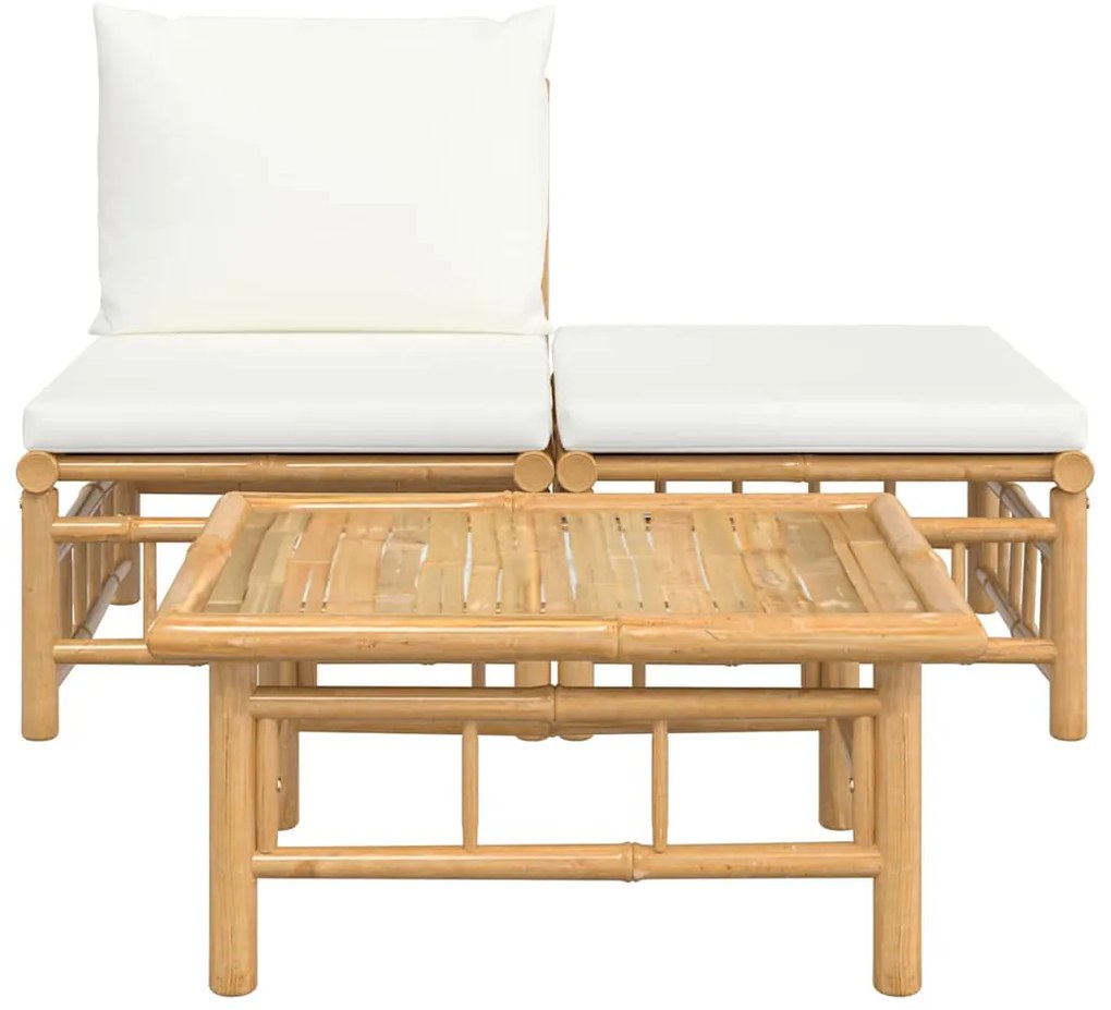 3 pcs conjunto lounge de jardim bambu c/ almofadões branco nata