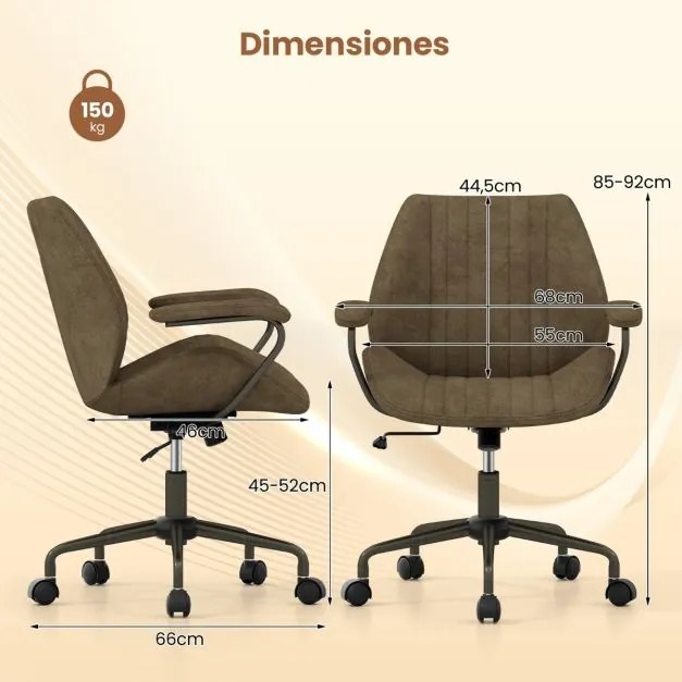 Cadeira de escritório com altura ajustável, braços acolchoados e rodas Capacidade de carga de 150 kg. 68 x 66 x 85-92 cm. Cor: verde-oliva.